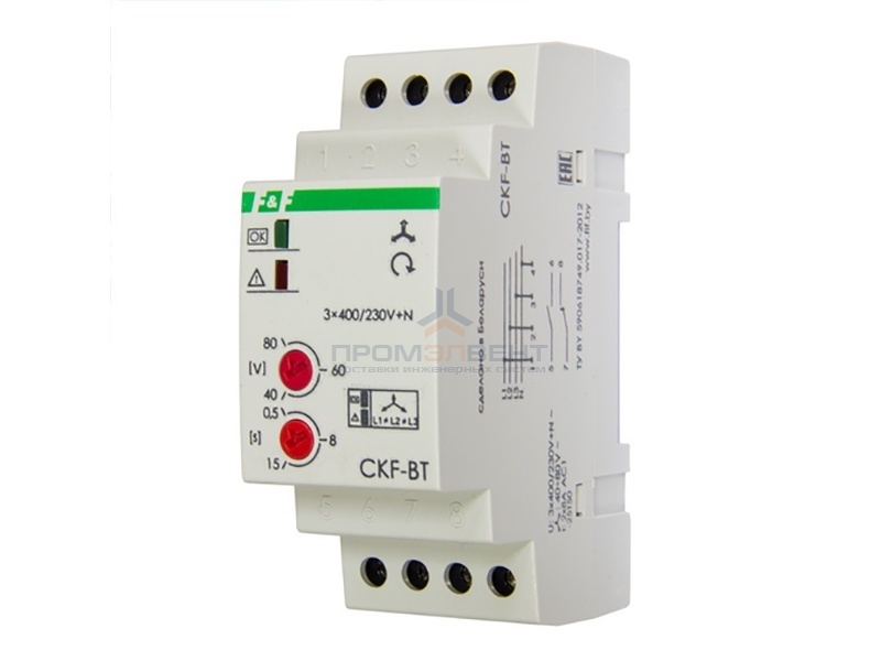 Реле контроля наличия/асимметрии/чередования фаз CKF-BT асим 40-80В, задерж. откл. 0,5-15с, 1NO, 1NС